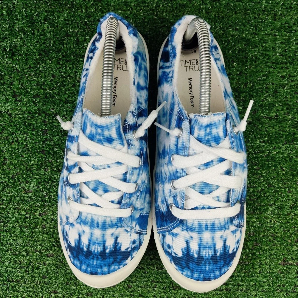 Time and Tru Sneakers Womens 8.5 Blue Tie Dye Low Top Canvas Memory Foam Comfort